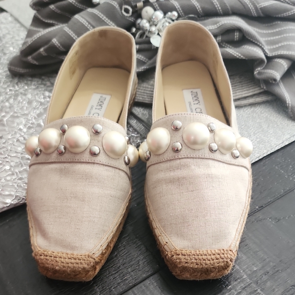 Jimmy Choo Cream Espadrilles with Pearl Embellishments